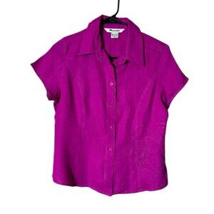 Nygard Womens Linen Button Up Top Blouse Size 8 Beachy Lagom Embroidered Floral